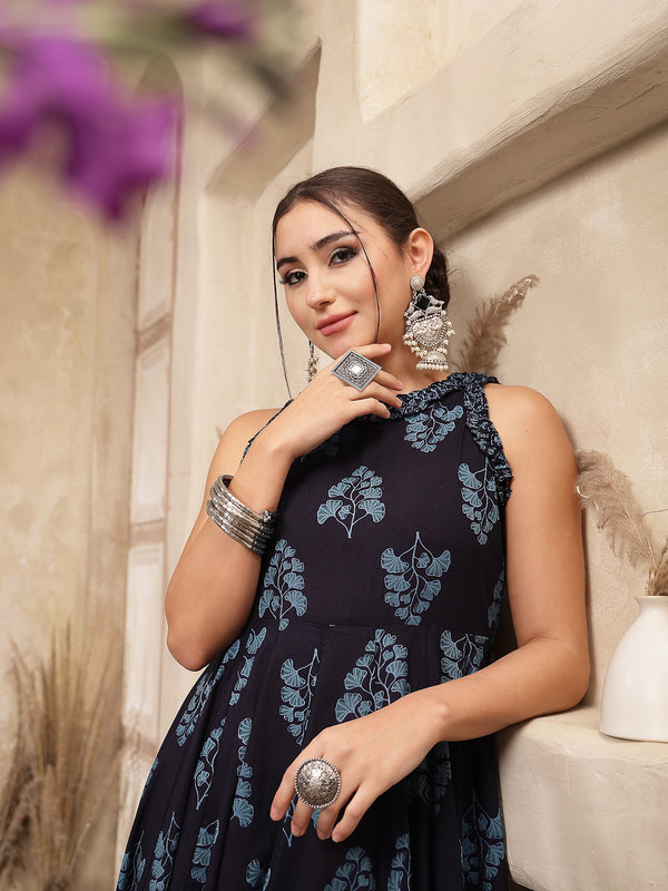 Kimayra Cotton Calf Length Printed Sleeveless Round Neck Flared Kurta