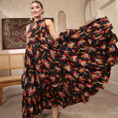 Kimayra Cotton Calf Length Printed Sleeveless Key Hole Neck Flared Kurta