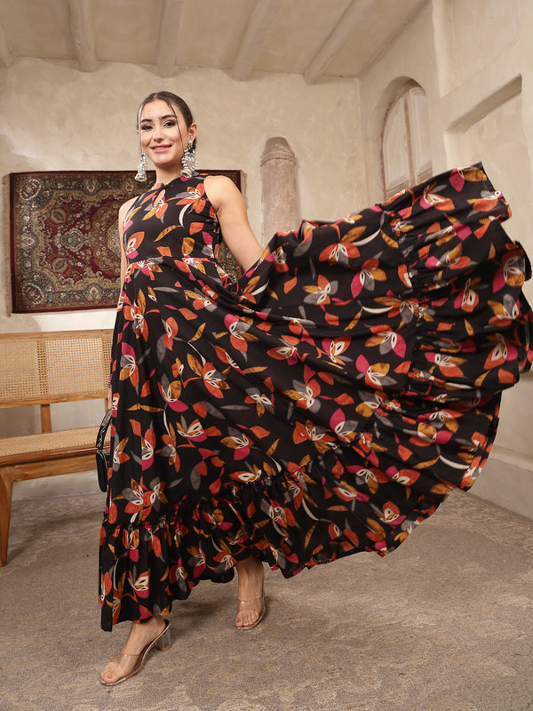 Kimayra Cotton Calf Length Printed Sleeveless Key Hole Neck Flared Kurta