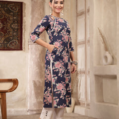 Kimayra Rayon Calf Length Printed 3/4 Sleeve Round Neck Straight Kurta