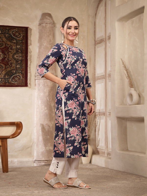 Kimayra Rayon Calf Length Printed 3/4 Sleeve Round Neck Straight Kurta