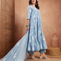 Kimayra Cotton Calf Length Printed 3/4 Sleeve Round Neck Flared Kurta Suit Set