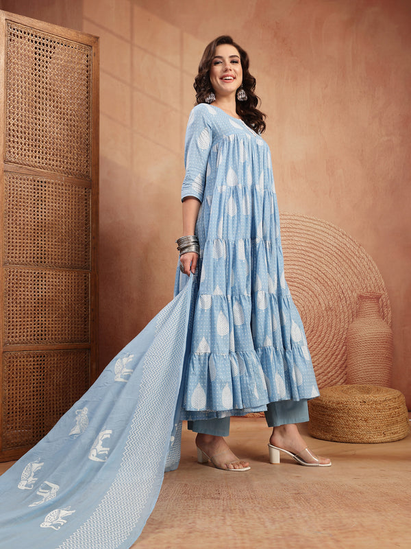 Kimayra Cotton Calf Length Printed 3/4 Sleeve Round Neck Flared Kurta Suit Set