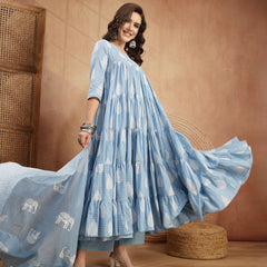 Kimayra Cotton Calf Length Printed 3/4 Sleeve Round Neck Flared Kurta Suit Set
