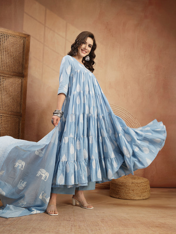 Kimayra Cotton Calf Length Printed 3/4 Sleeve Round Neck Flared Kurta Suit Set