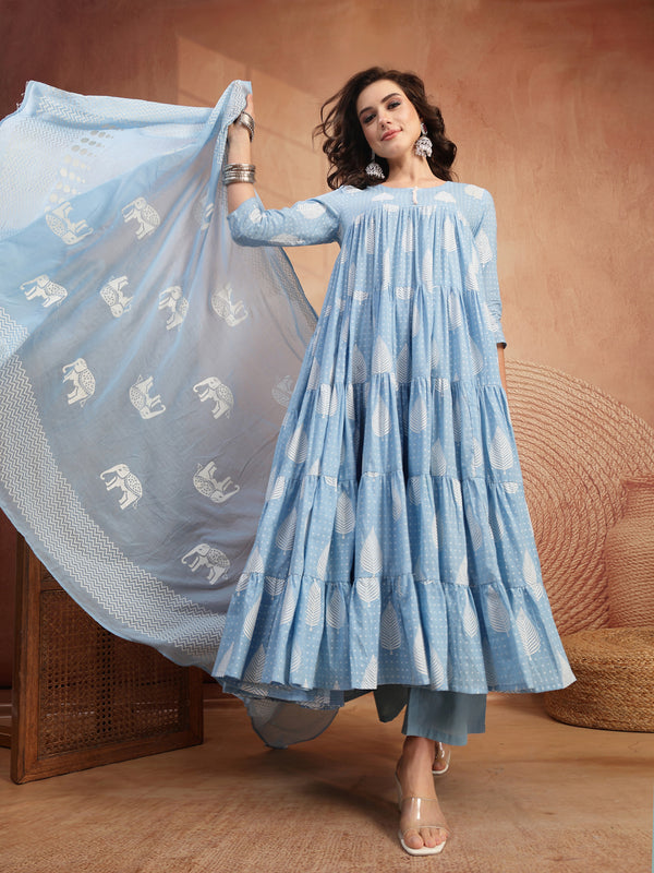 Kimayra Cotton Calf Length Printed 3/4 Sleeve Round Neck Flared Kurta Suit Set