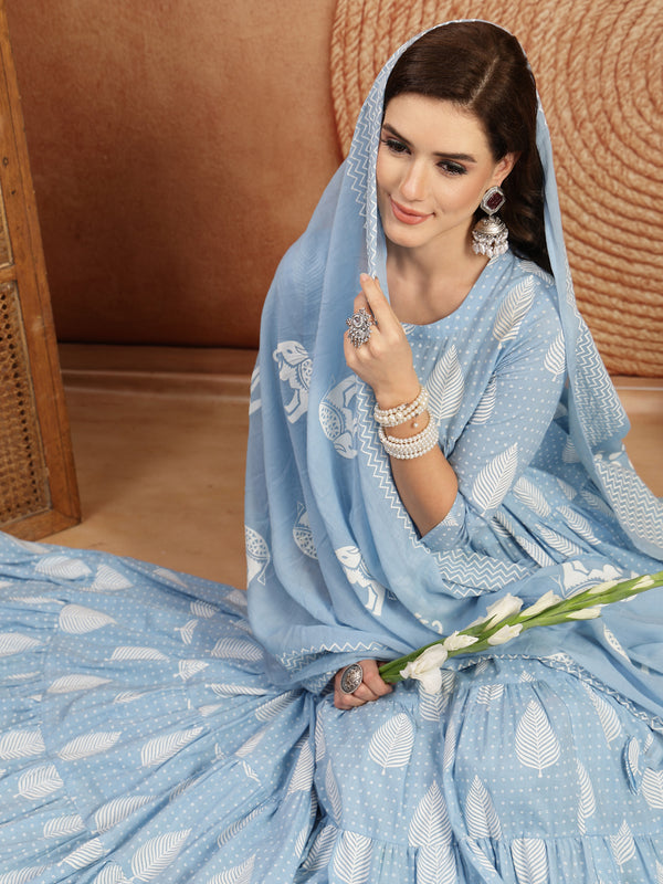 Kimayra Cotton Calf Length Printed 3/4 Sleeve Round Neck Flared Kurta Suit Set