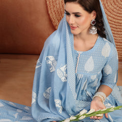 Kimayra Cotton Calf Length Printed 3/4 Sleeve Round Neck Flared Kurta Suit Set