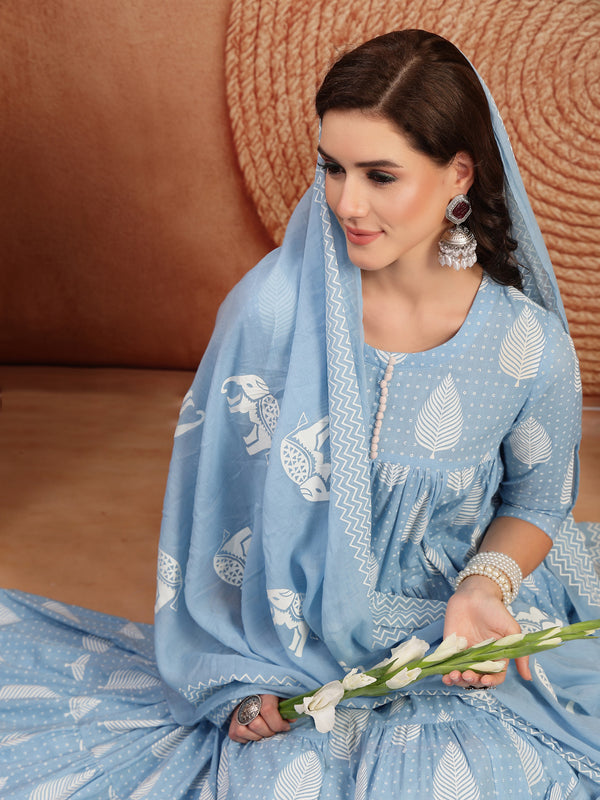 Kimayra Cotton Calf Length Printed 3/4 Sleeve Round Neck Flared Kurta Suit Set