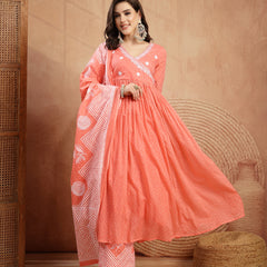 Kimayra Cotton Calf Length Printed 3/4 Sleeve V-Neck Flared Kurta Suit Set