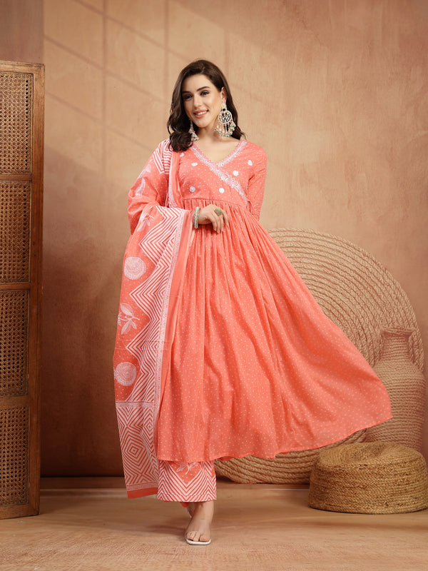 Kimayra Cotton Calf Length Printed 3/4 Sleeve V-Neck Flared Kurta Suit Set