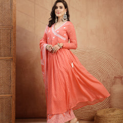 Kimayra Cotton Calf Length Printed 3/4 Sleeve V-Neck Flared Kurta Suit Set