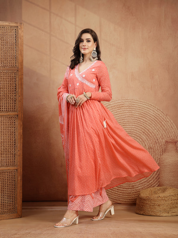 Kimayra Cotton Calf Length Printed 3/4 Sleeve V-Neck Flared Kurta Suit Set
