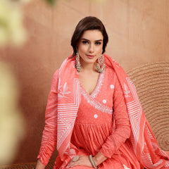 Kimayra Cotton Calf Length Printed 3/4 Sleeve V-Neck Flared Kurta Suit Set