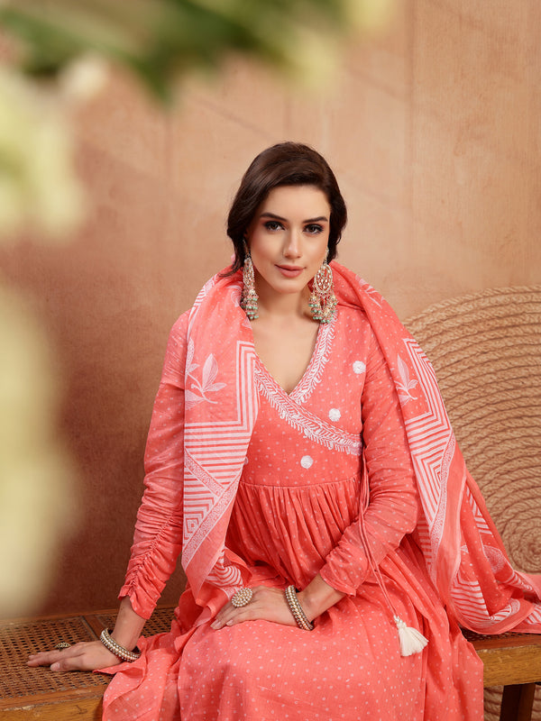 Kimayra Cotton Calf Length Printed 3/4 Sleeve V-Neck Flared Kurta Suit Set