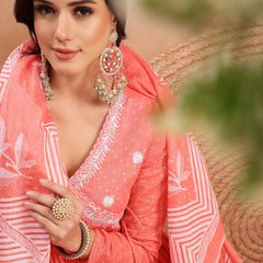 Kimayra Cotton Calf Length Printed 3/4 Sleeve V-Neck Flared Kurta Suit Set