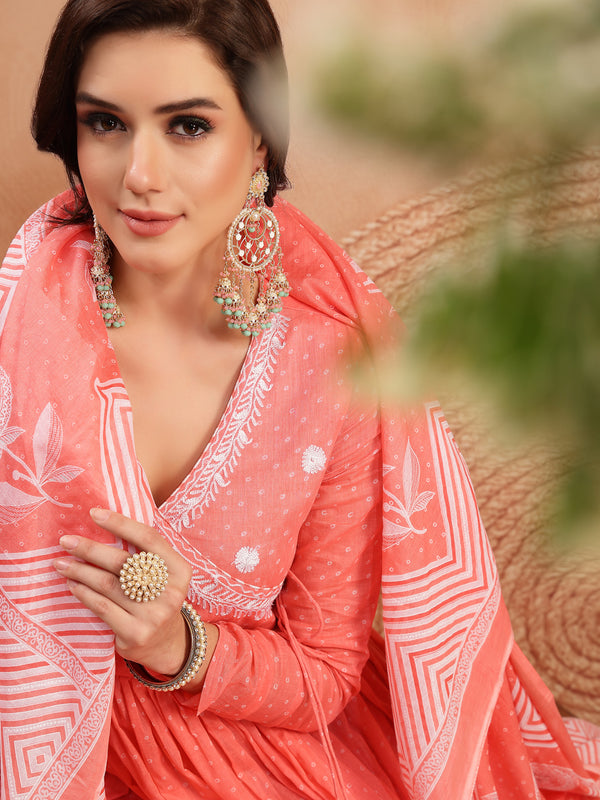 Kimayra Cotton Calf Length Printed 3/4 Sleeve V-Neck Flared Kurta Suit Set