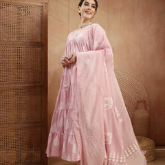 Kimayra Cotton Calf Length Printed 3/4 Sleeve Round Neck Flared Kurta Suit Set