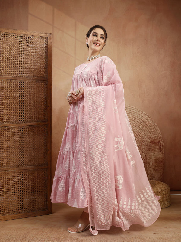 Kimayra Cotton Calf Length Printed 3/4 Sleeve Round Neck Flared Kurta Suit Set