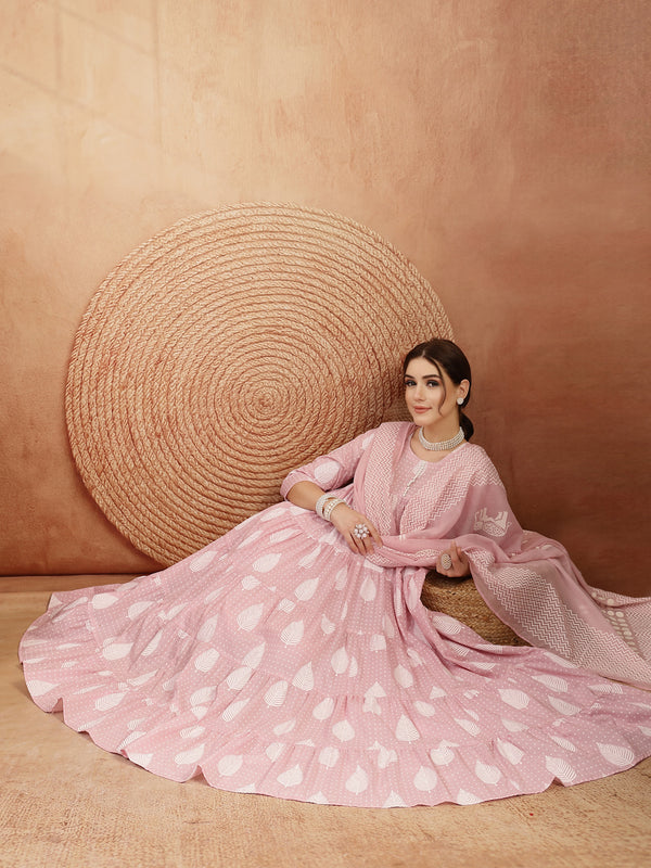 Kimayra Cotton Calf Length Printed 3/4 Sleeve Round Neck Flared Kurta Suit Set