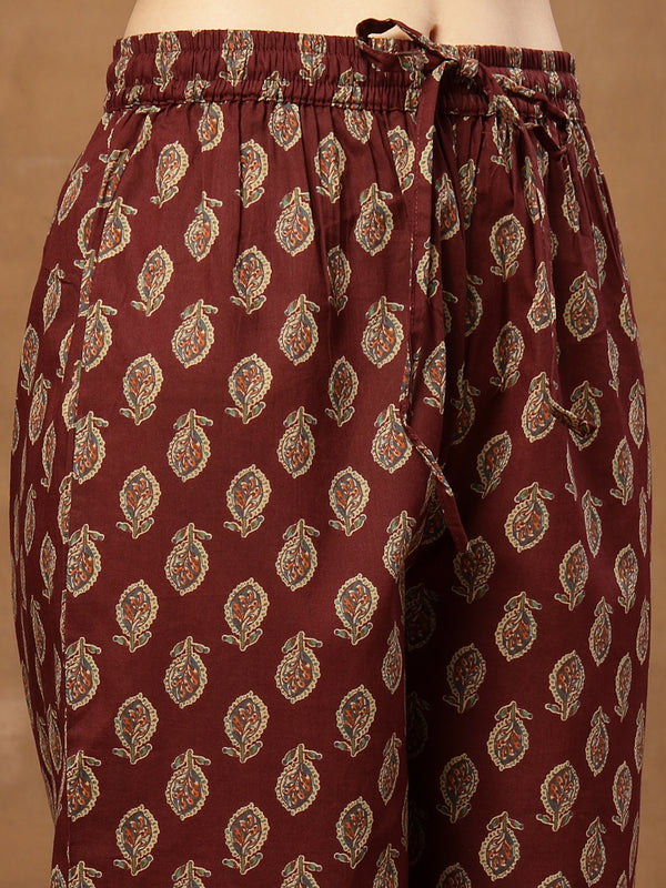 Kimayra Cotton Calf Length Printed 3/4 Sleeve V-Neck Flared Kurta Suit Set