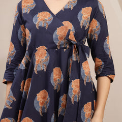 Kimayra Cotton Calf Length Printed 3/4 Sleeve V-Neck Flared Kurta