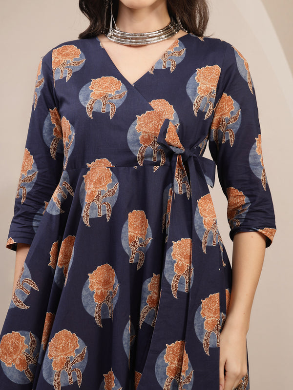 Kimayra Cotton Calf Length Printed 3/4 Sleeve V-Neck Flared Kurta