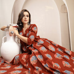 Kimayra Cotton Calf Length Printed 3/4 Sleeve V-Neck Flared Kurta