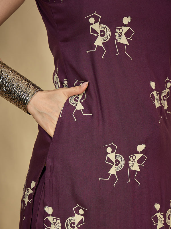Kimayra Rayon Calf Length Printed Sleeveless Round Neck A-Line Kurta Suit Set
