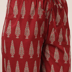 Kimayra Cotton Calf Length Printed 3/4 Sleeve V-Neck Flared Kurta Suit Set