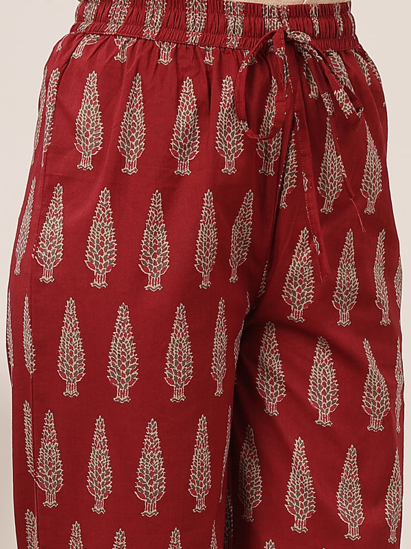 Kimayra Cotton Calf Length Printed 3/4 Sleeve V-Neck Flared Kurta Suit Set