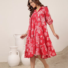 Kimayra Cotton Knee Length Printed 3/4 Sleeve Shirt Collar Flared Dress