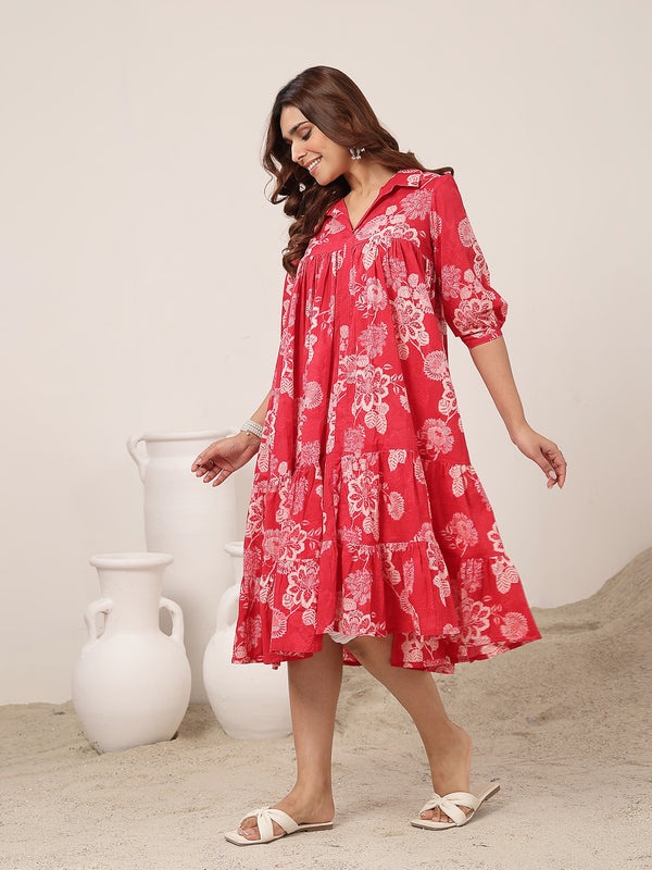 Kimayra Cotton Knee Length Printed 3/4 Sleeve Shirt Collar Flared Dress