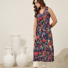 Kimayra Cotton Calf Length Printed Sleeveless V-Neck Straight Kurta
