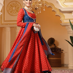 Kimayra Cotton Calf Length Printed Full Sleeves Round Neck Anarkali Kurta Suit Set