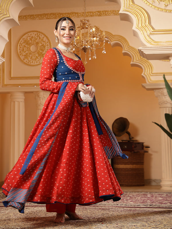 Kimayra Cotton Calf Length Printed Full Sleeves Round Neck Anarkali Kurta Suit Set