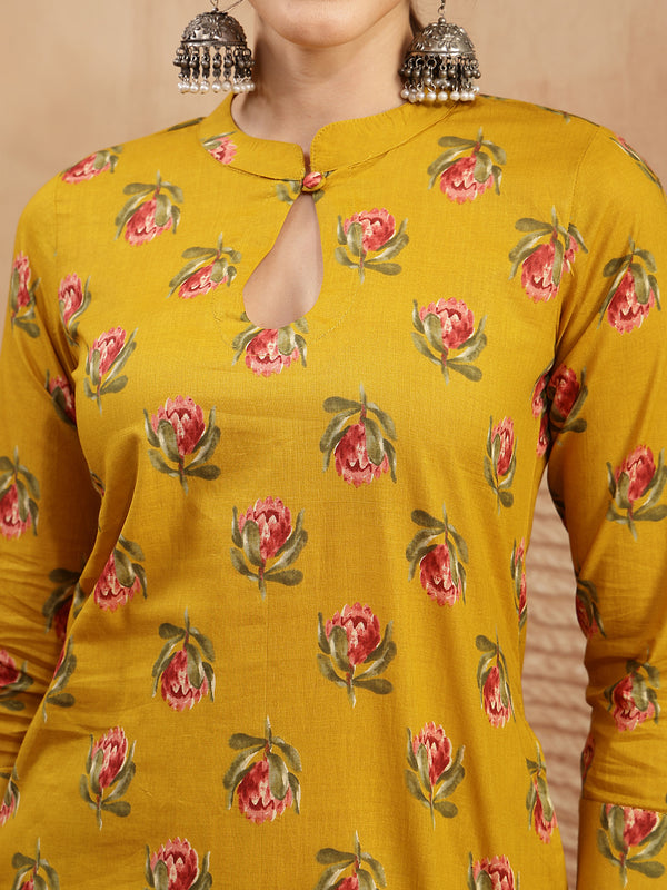 Kimayra Rayon Calf Length Printed 3/4 Sleeve Key Hole Neck Straight Kurta