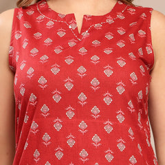Kimayra Cotton Calf Length Printed Sleeveless Round Neck Straight Kurta