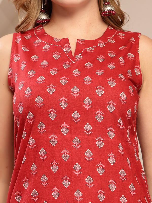 Kimayra Cotton Calf Length Printed Sleeveless Round Neck Straight Kurta