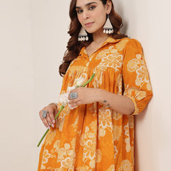 Kimayra Cotton Knee Length Printed 3/4 Sleeve Shirt Collar Flared Dress