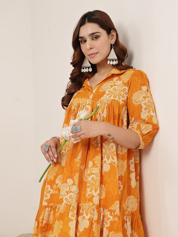 Kimayra Cotton Knee Length Printed 3/4 Sleeve Shirt Collar Flared Dress