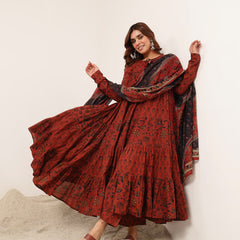 Kimayra Cotton Ankle Length Printed Full Sleeve Key Hole Neck Flared Kurta Suit Set
