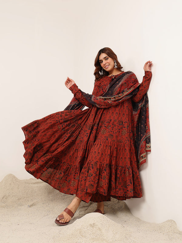 Kimayra Cotton Ankle Length Printed Full Sleeve Key Hole Neck Flared Kurta Suit Set