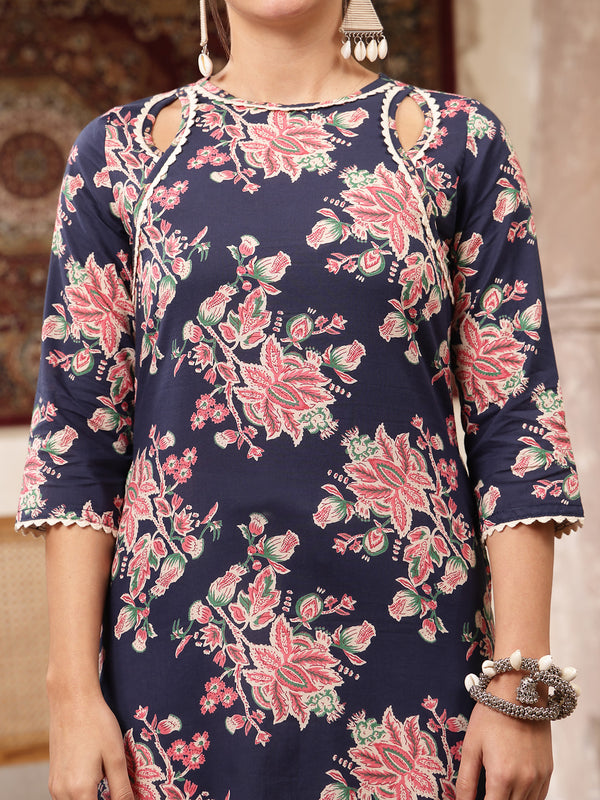 Kimayra Rayon Calf Length Printed 3/4 Sleeve Round Neck Straight Kurta