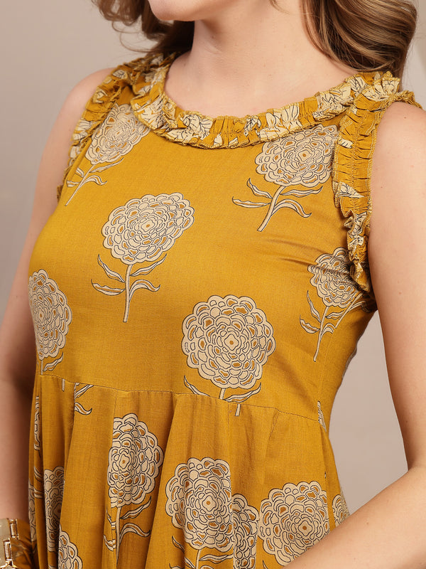 Kimayra Cotton Calf Length Printed Sleeveless Round Neck Flared Dress