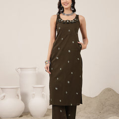 Kimayra Cotton Calf Length Solid Sleeveless Round Neck Straight Kurta Suit Set