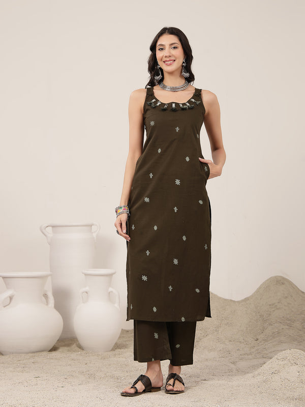 Kimayra Cotton Calf Length Solid Sleeveless Round Neck Straight Kurta Suit Set