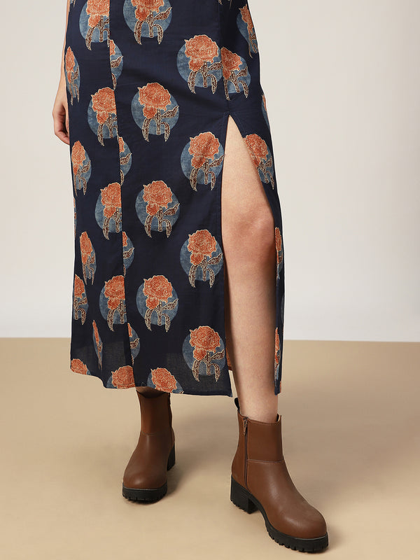 Kimayra Cotton Calf Length Printed Sleeveless Square Neck Straight Dress