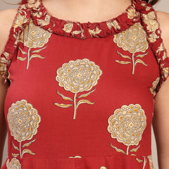 Kimayra Cotton Calf Length Printed Sleeveless Round Neck Flared Dress