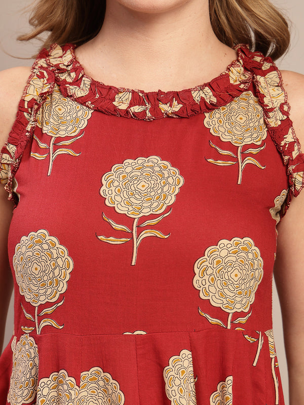 Kimayra Cotton Calf Length Printed Sleeveless Round Neck Flared Dress